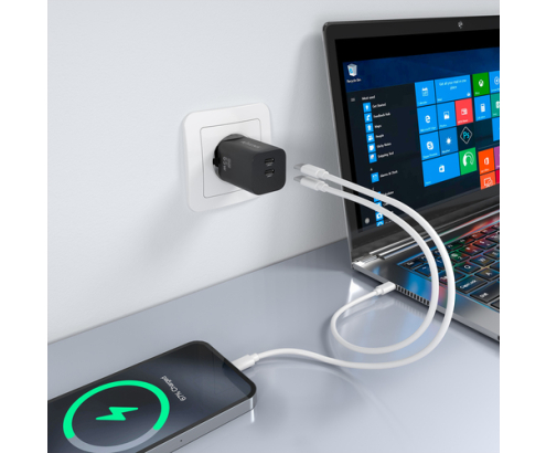 AISENS Cargador GaN 65W, 2xUSB-C PD3.0 QC4.0, Negro
