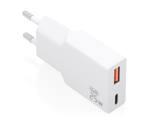 AISENS Cargador Ultra Delgado GaN 25W, 1xUSB-C PD3.0 QC4.0, 1xUSB-A QC3.0, Blanco