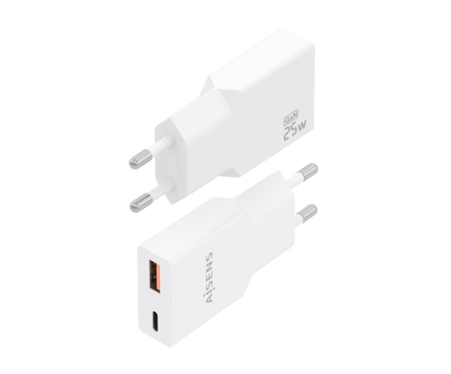 AISENS Cargador Ultra Delgado GaN 25W, 1xUSB-C PD3.0 QC4.0, 1xUSB-A QC3.0, Blanco