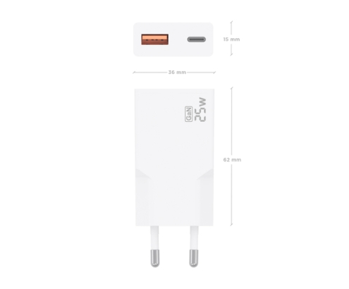 AISENS Cargador Ultra Delgado GaN 25W, 1xUSB-C PD3.0 QC4.0, 1xUSB-A QC3.0, Blanco