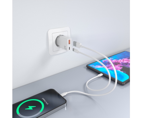 AISENS Cargador Ultra Delgado GaN 25W, 1xUSB-C PD3.0 QC4.0, 1xUSB-A QC3.0, Blanco