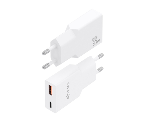AISENS Cargador Ultra Delgado GaN 30W, 1xUSB-C PD3.0 QC4.0, 1xUSB-A QC3.0, Blanco