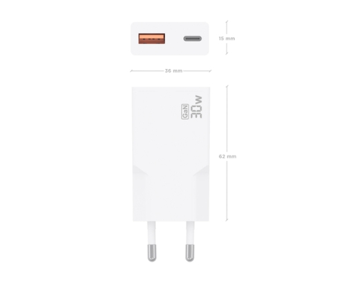 AISENS Cargador Ultra Delgado GaN 30W, 1xUSB-C PD3.0 QC4.0, 1xUSB-A QC3.0, Blanco