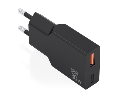 AISENS Cargador Ultra Delgado GaN 30W, 1xUSB-C PD3.0 QC4.0, 1xUSB-A QC3.0, Negro