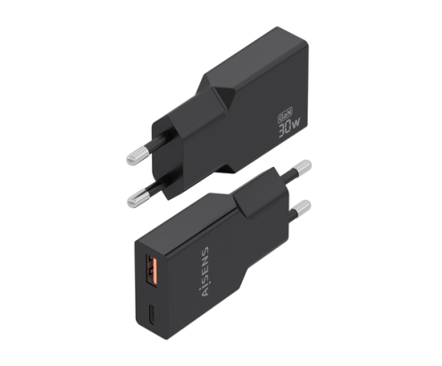 AISENS Cargador Ultra Delgado GaN 30W, 1xUSB-C PD3.0 QC4.0, 1xUSB-A QC3.0, Negro