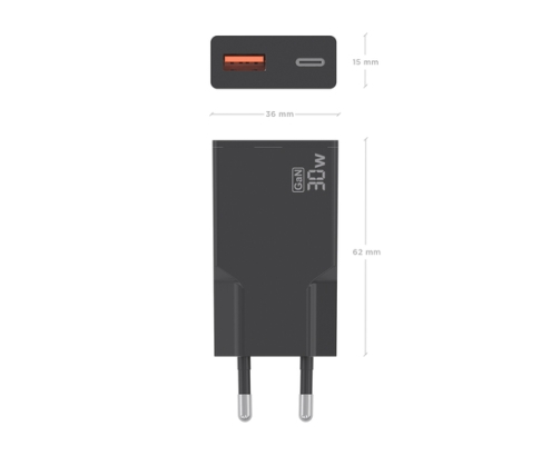 AISENS Cargador Ultra Delgado GaN 30W, 1xUSB-C PD3.0 QC4.0, 1xUSB-A QC3.0, Negro