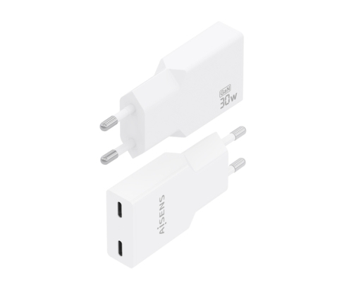 AISENS Cargador Ultra Delgado GaN 30W, 2xUSB-C PD3.0, Blanco