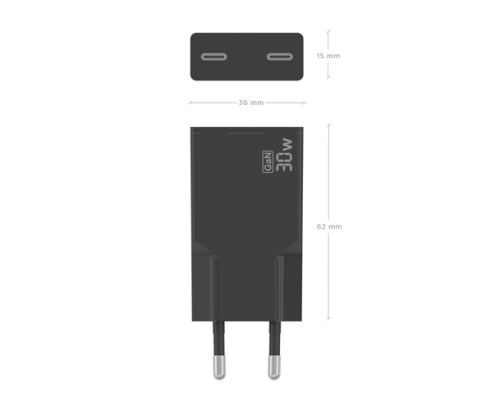 AISENS Cargador Ultra Delgado GaN 30W, 2xUSB-C PD3.0, Negro