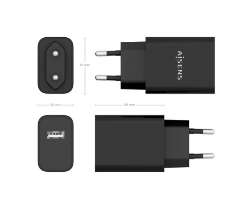 AISENS Cargador USB 10W alta eficiencia, 5V/2A, Negro