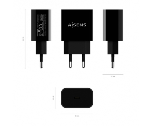 AISENS Cargador USB-C PD3.0 1 Puerto 1x USB-C 20 W, Negro