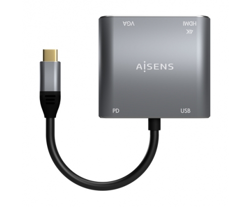 AISENS Conversor USB-C a VGA/HDMI 4K/USB3.0/USB-C PD, USB-C/M-VGA/H-HDMI/H-USB-A/H-USB-C/H, Gris, 15CM