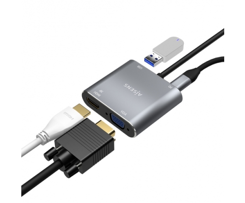 AISENS Conversor USB-C a VGA/HDMI 4K/USB3.0/USB-C PD, USB-C/M-VGA/H-HDMI/H-USB-A/H-USB-C/H, Gris, 15CM