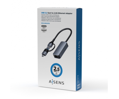 AISENS Conversor USB3.2 Gen1 USB-A+USB-C a Ethernet 2.5G 10/100/1000/2500 Mbps, Gris, 15cm