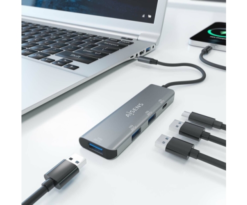 AISENS Hub USB 3.2 Gen2 10G USB-C, USB-C/M-1xUSB-C/H-3xUSB-A/H, Gris, 15 cm