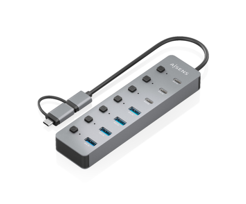 AISENS Hub USB3.1 Gen1 USB-C USB-A, USB-C/M+USB-A/M-4xUSB-A/H+3xUSB-C/H+1xUSB-C/H ALIM., Gris, 30cm
