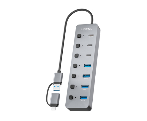 AISENS Hub USB3.1 Gen1 USB-C USB-A, USB-C/M+USB-A/M-4xUSB-A/H+3xUSB-C/H+1xUSB-C/H ALIM., Gris, 30cm