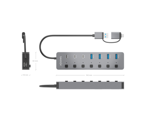 AISENS Hub USB3.1 Gen1 USB-C USB-A, USB-C/M+USB-A/M-4xUSB-A/H+3xUSB-C/H+1xUSB-C/H ALIM., Gris, 30cm