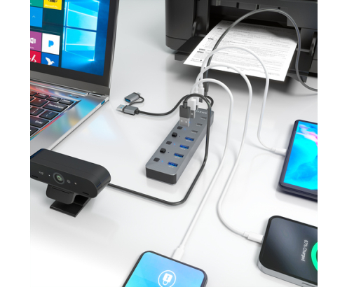 AISENS Hub USB3.1 Gen1 USB-C USB-A, USB-C/M+USB-A/M-4xUSB-A/H+3xUSB-C/H+1xUSB-C/H ALIM., Gris, 30cm