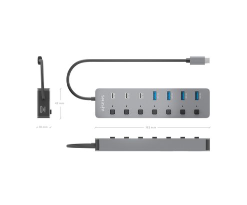AISENS Hub USB3.2 Gen2 10G USB-C, USB-C/M-4xUSB-A/H+3xUSB-C/H+1xUSB-C/H PD3.0 100W, Gris, 30cm