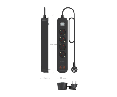 AISENS Regleta de Enchufes Multifuncion con 4 Tomas + Cargador PD3.0 20W 2xUSB-C, 2xUSB-A, 1.4m, Negro