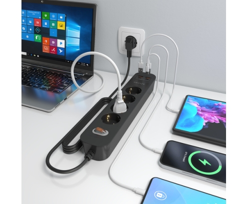 AISENS Regleta de Enchufes Multifuncion con 4 Tomas + Cargador PD3.0 20W 2xUSB-C, 2xUSB-A, 1.4m, Negro
