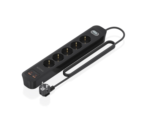 AISENS Regleta de Enchufes Multifuncion con 5 Tomas + Cargador PD3.0 20W 2xUSB-C, 2xUSB-A, 1.4m, Negro