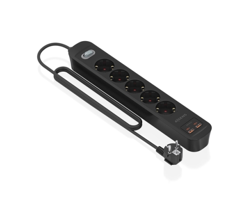 AISENS Regleta de Enchufes Multifuncion con 5 Tomas + Cargador PD3.0 20W 2xUSB-C, 2xUSB-A, 1.4m, Negro