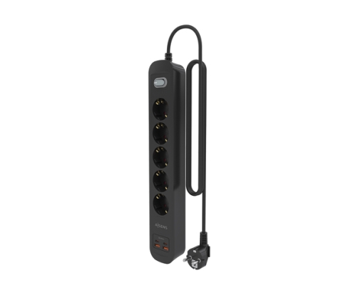 AISENS Regleta de Enchufes Multifuncion con 5 Tomas + Cargador PD3.0 20W 2xUSB-C, 2xUSB-A, 1.4m, Negro