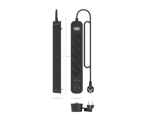 AISENS Regleta de Enchufes Multifuncion con 5 Tomas + Cargador PD3.0 20W 2xUSB-C, 2xUSB-A, 1.4m, Negro