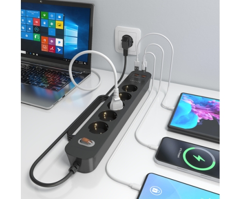 AISENS Regleta de Enchufes Multifuncion con 5 Tomas + Cargador PD3.0 20W 2xUSB-C, 2xUSB-A, 1.4m, Negro