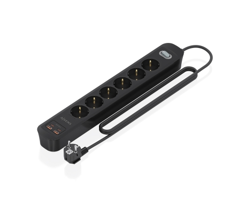 AISENS Regleta de Enchufes Multifuncion con 6 Tomas + Cargador PD3.0 20W 2xUSB-C, 2xUSB-A, 1.4m, Negro