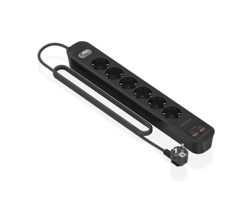 AISENS Regleta de Enchufes Multifuncion con 6 Tomas + Cargador PD3.0 20W 2xUSB-C, 2xUSB-A, 1.4m, Negro
