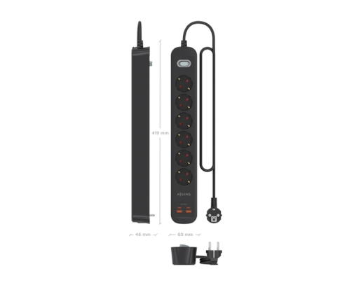 AISENS Regleta de Enchufes Multifuncion con 6 Tomas + Cargador PD3.0 20W 2xUSB-C, 2xUSB-A, 1.4m, Negro