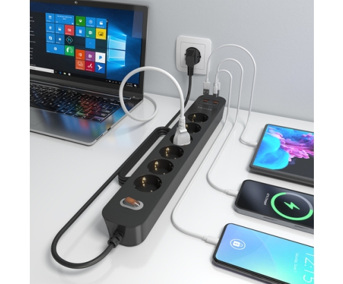 AISENS Regleta de Enchufes Multifuncion con 6 Tomas + Cargador PD3.0 20W 2xUSB-C, 2xUSB-A, 1.4m, Negro