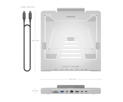 AISENS Soporte de Sobremesa Ajustable para Portatil / Tablet con USB-C Docking 7 en 1, Gris