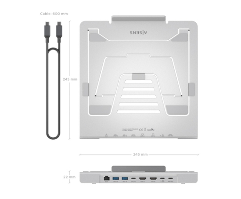 AISENS Soporte de Sobremesa Ajustable para Portatil / Tablet con USB-C Docking 7 en 1, Gris