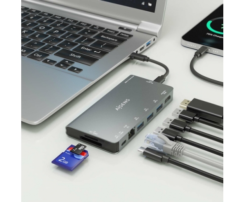 AISENS USB-C Dock 8 en 1, USB-C a 1xHDMI, 1xRJ45, 3xUSB-A, 1xUSB-C Datos+PD, 1xSD, 1xMicro SD, Gris, 10 cm