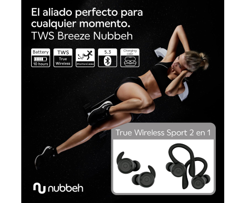 Auriculares Nubbeh Breeze Sport Inalámbricos Negros con Estuche de Carga 60/400 mAh