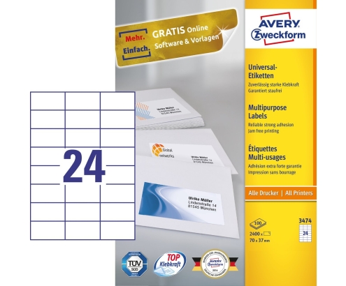 Avery 3474 etiqueta autoadhesiva Rectángulo Permanente Blanco 2400 pieza(s)
