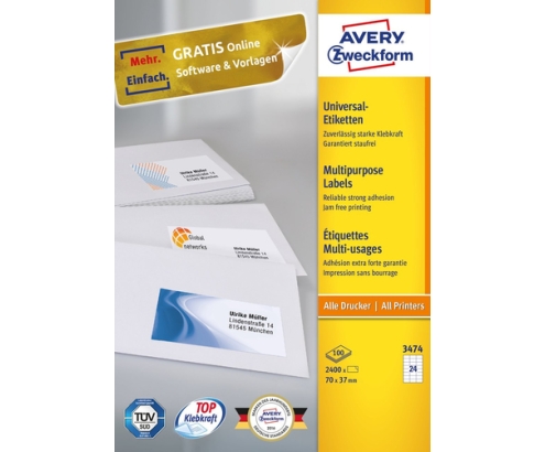 Avery 3474 etiqueta autoadhesiva Rectángulo Permanente Blanco 2400 pieza(s)