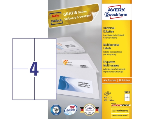Avery 3483 etiqueta autoadhesiva Rectángulo Permanente Blanco 400 pieza(s)