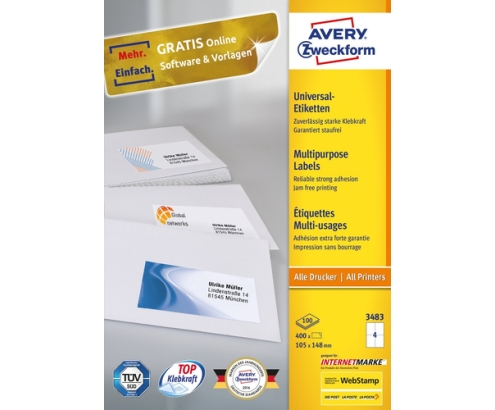 Avery 3483 etiqueta autoadhesiva Rectángulo Permanente Blanco 400 pieza(s)