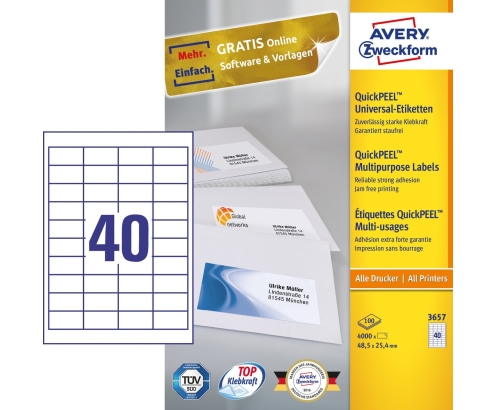 Avery 3657 etiqueta autoadhesiva Rectángulo Permanente Blanco 4000 pieza(s)