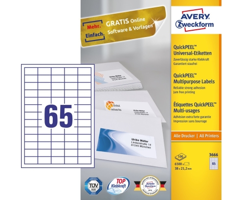 Avery 3666 etiqueta autoadhesiva Rectángulo Permanente Blanco 6500 pieza(s)