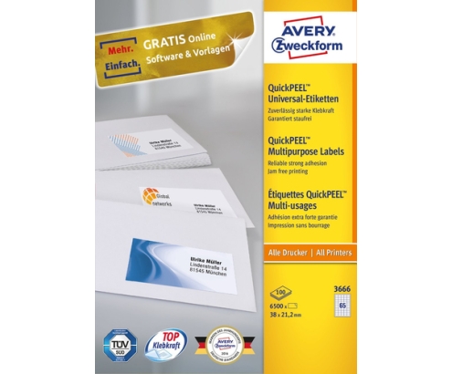 Avery 3666 etiqueta autoadhesiva Rectángulo Permanente Blanco 6500 pieza(s)