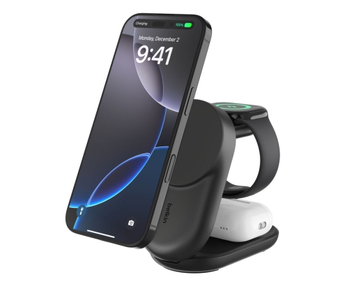 Belkin Qi2 Fitness tracker, Auriculares, Smartphone, Reloj inteligente Negro USB Cargador inalámbrico Carga rápida Interior