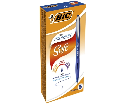 BIC Atlantis Soft Azul Bolígrafo de punta retráctil con pulsador Medio 12 pieza(s)