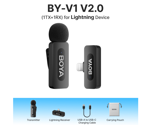 Boya BY-V1 Sistema Micrófono Inalámbrico de Solapa Lavalier Conector Lightning iOS
