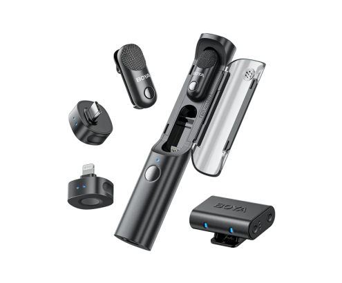 Boya Magic-01 USB-C  + Lightning + 3.5 Mm TRS) RX + Soporte de escritorio omnidireccional inalámbrico 4 en 1 con IA y estuche de carga