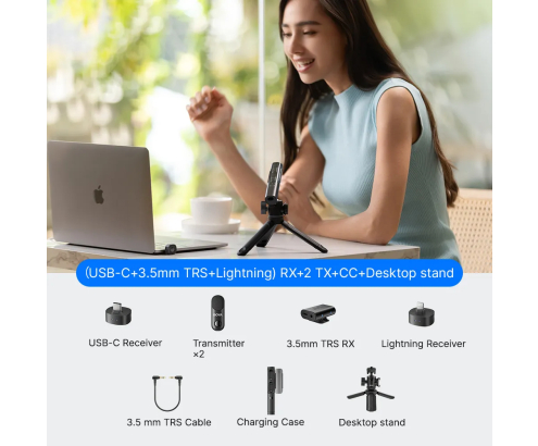 Boya Magic-01 USB-C  + Lightning + 3.5 Mm TRS) RX + Soporte de escritorio omnidireccional inalámbrico 4 en 1 con IA y estuche de carga